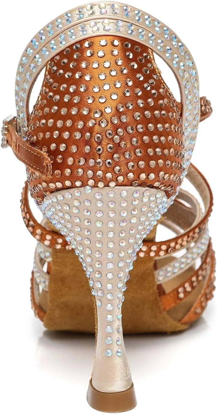Womens Low High Heel Dance Shoes with Rhinestones Comfortable Wedding Evening Sandals