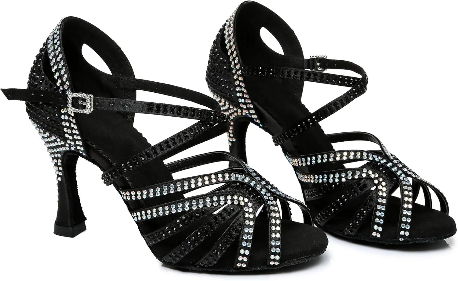 Womens Low High Heel Dance Shoes with Rhinestones Comfortable Wedding Evening Sandals