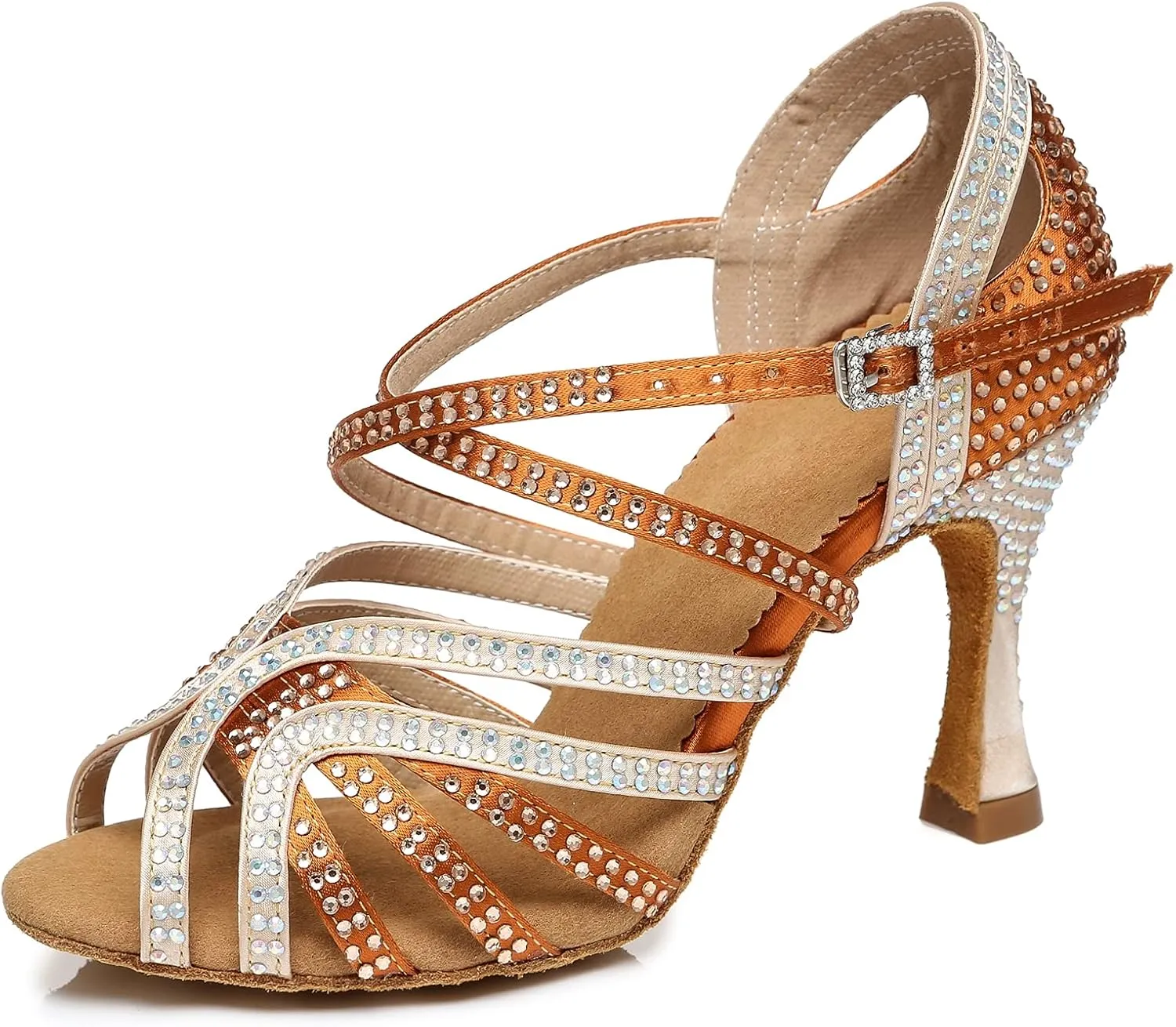 Womens Low High Heel Dance Shoes with Rhinestones Comfortable Wedding Evening Sandals