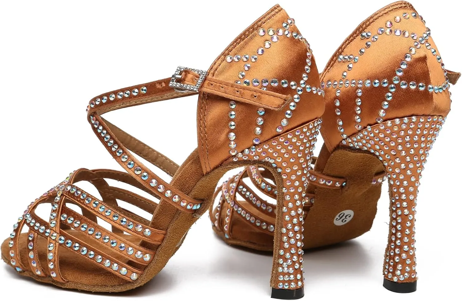 Womens Low High Heel Dance Shoes with Rhinestones Comfortable Wedding Evening Sandals