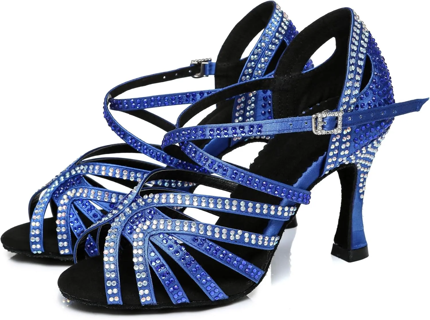 Womens Low High Heel Dance Shoes with Rhinestones Comfortable Wedding Evening Sandals