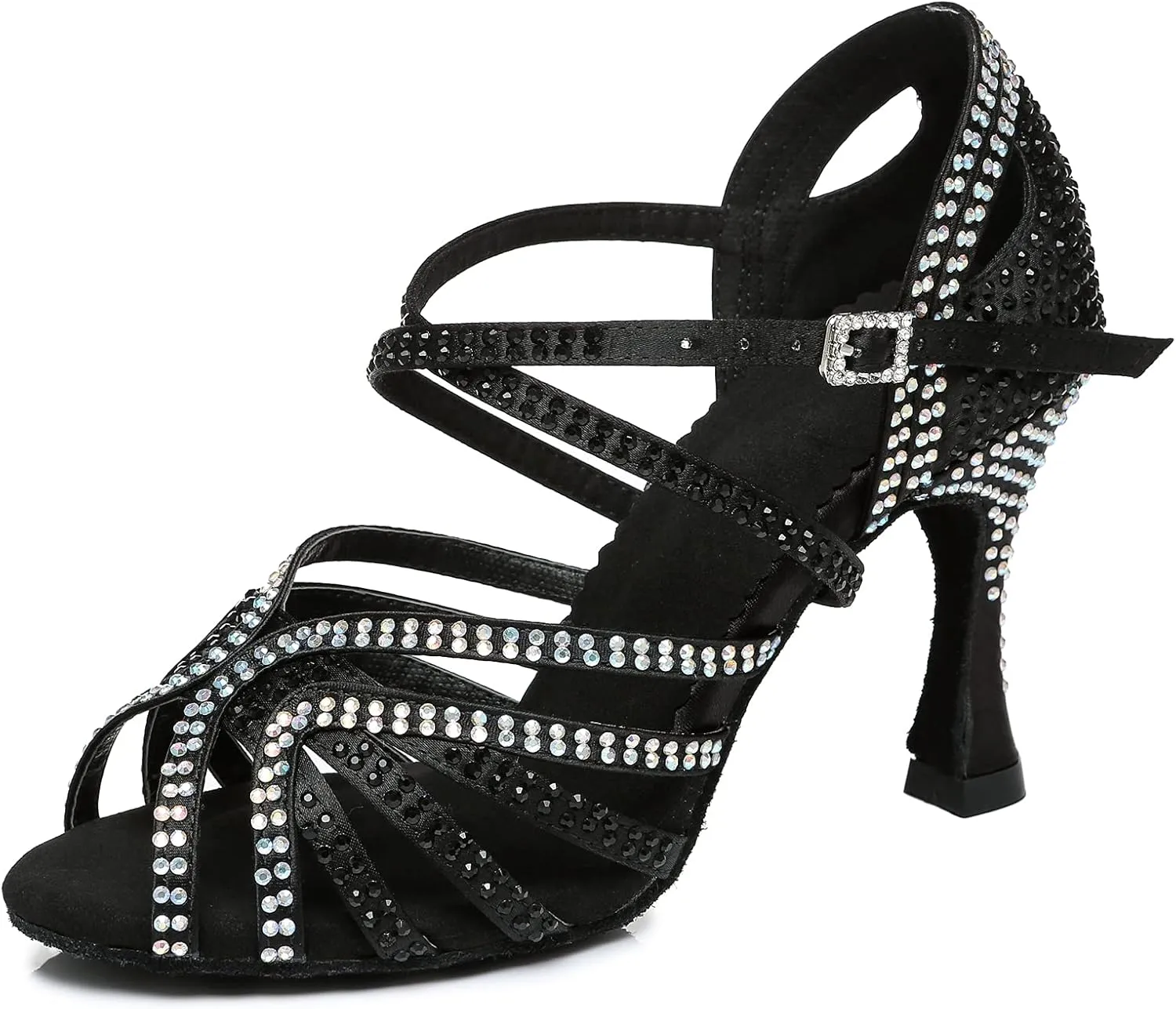 Womens Low High Heel Dance Shoes with Rhinestones Comfortable Wedding Evening Sandals