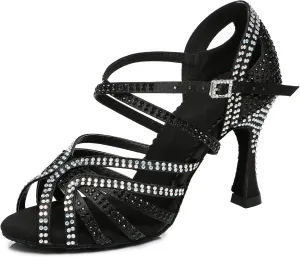 Womens Low High Heel Dance Shoes with Rhinestones Comfortable Wedding Evening Sandals