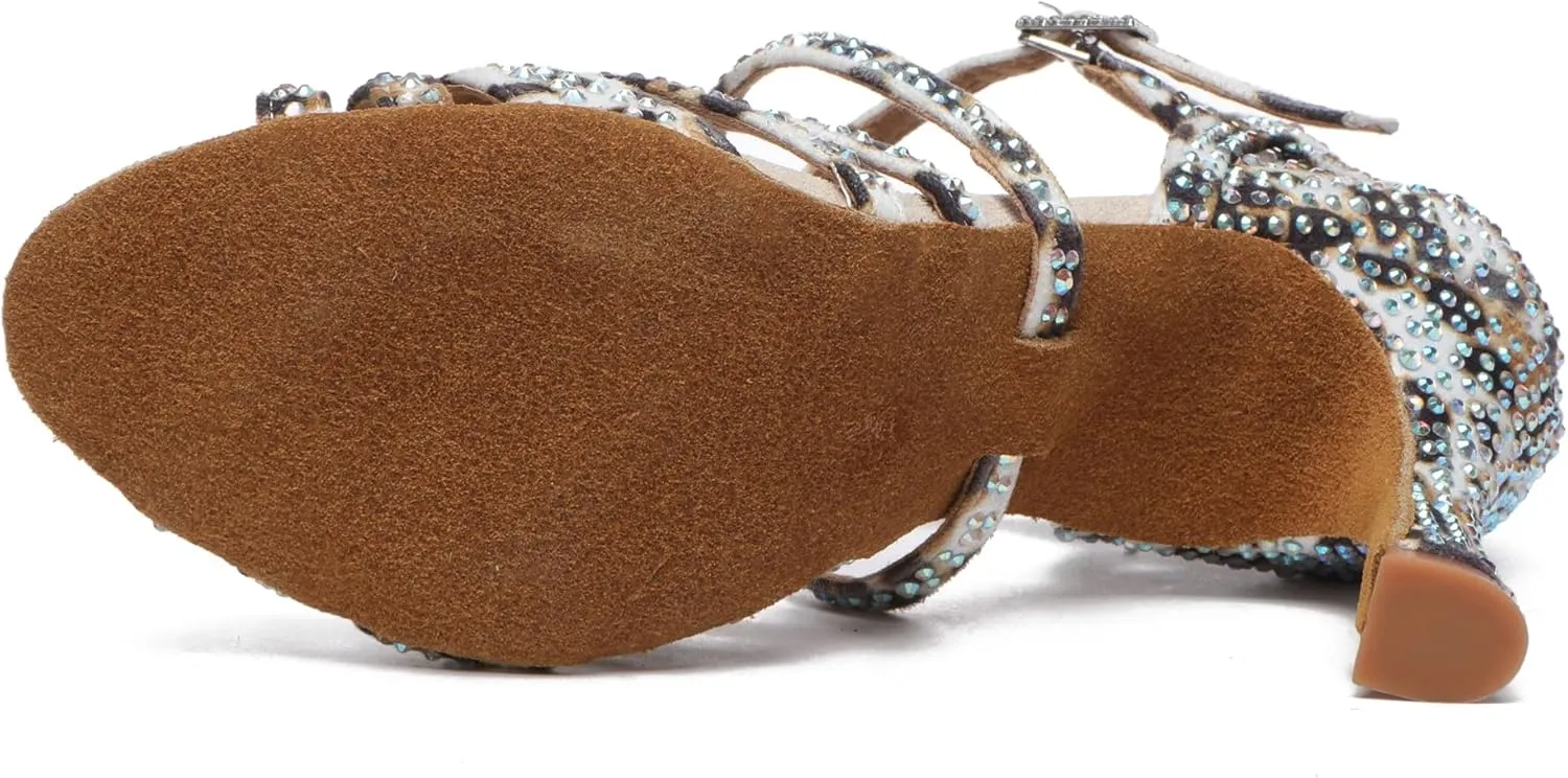 Womens Low High Heel Dance Shoes with Rhinestones Comfortable Wedding Evening Sandals