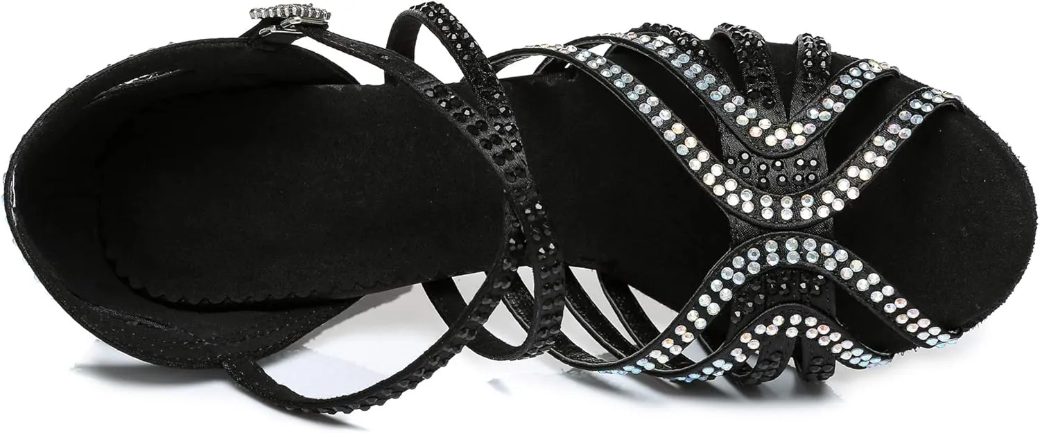 Womens Low High Heel Dance Shoes with Rhinestones Comfortable Wedding Evening Sandals