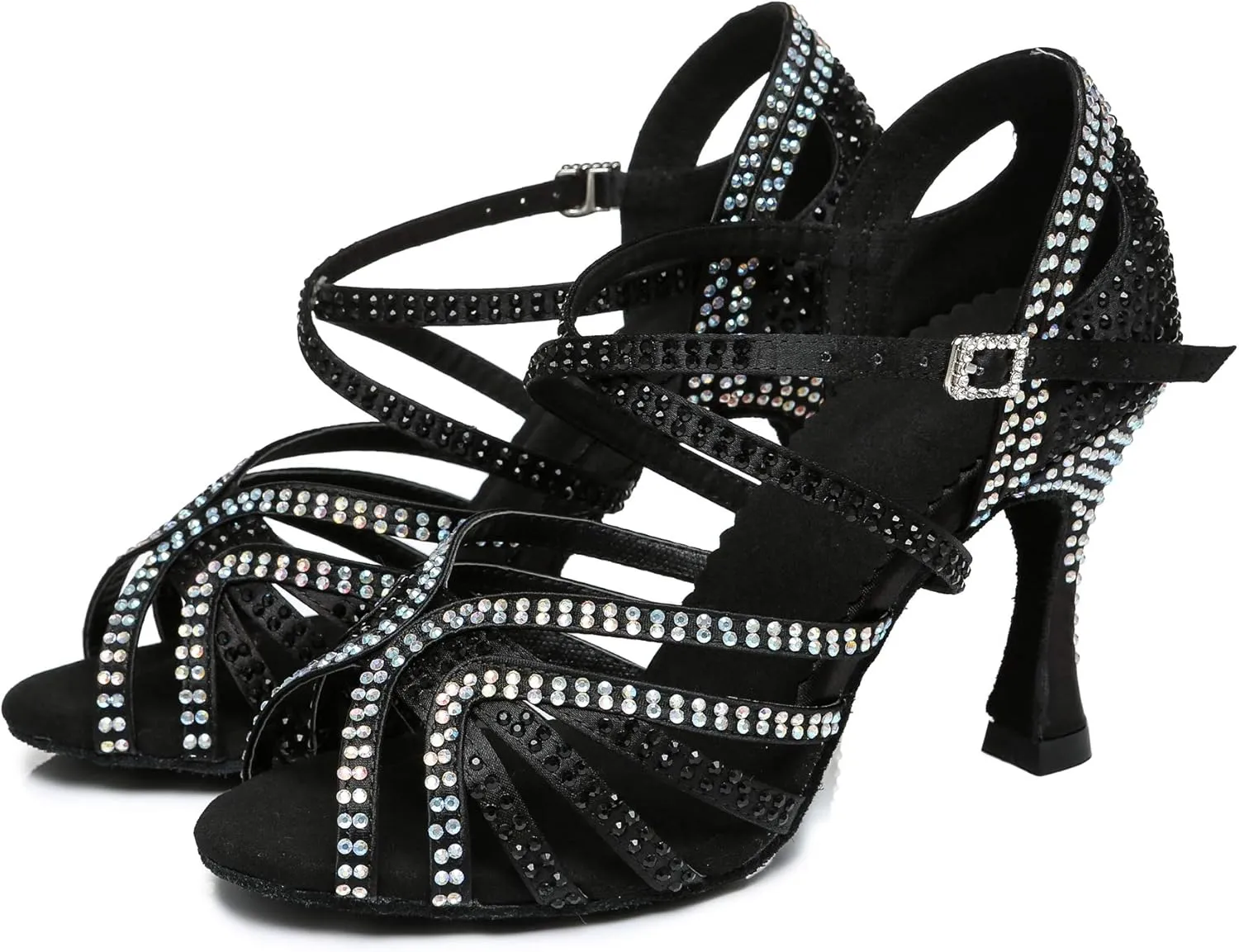 Womens Low High Heel Dance Shoes with Rhinestones Comfortable Wedding Evening Sandals