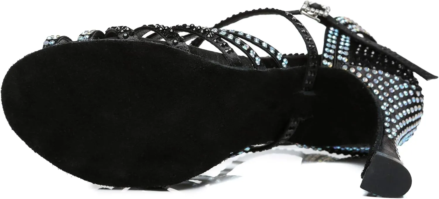 Womens Low High Heel Dance Shoes with Rhinestones Comfortable Wedding Evening Sandals