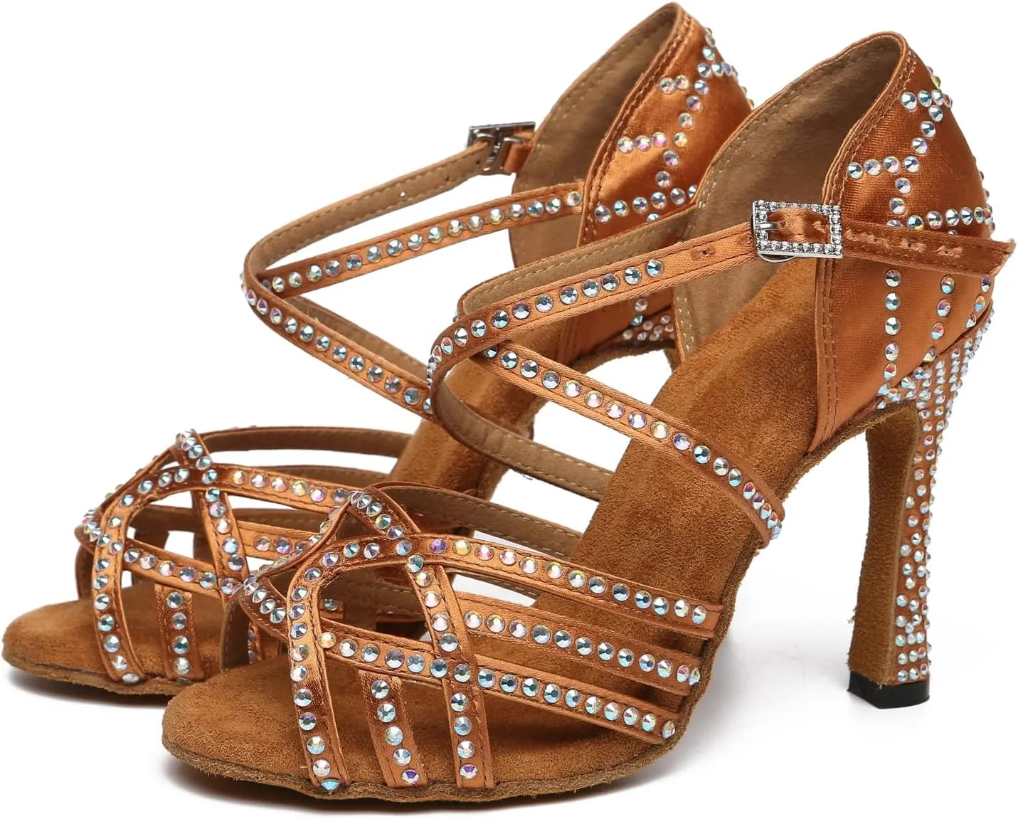 Womens Low High Heel Dance Shoes with Rhinestones Comfortable Wedding Evening Sandals