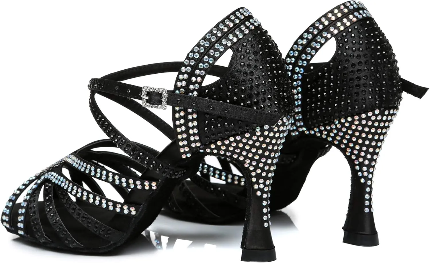 Womens Low High Heel Dance Shoes with Rhinestones Comfortable Wedding Evening Sandals