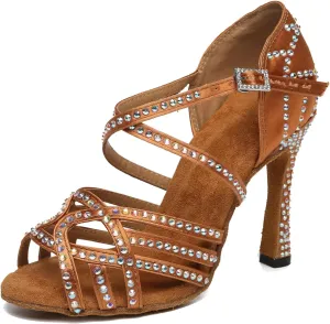 Womens Low High Heel Dance Shoes with Rhinestones Comfortable Wedding Evening Sandals