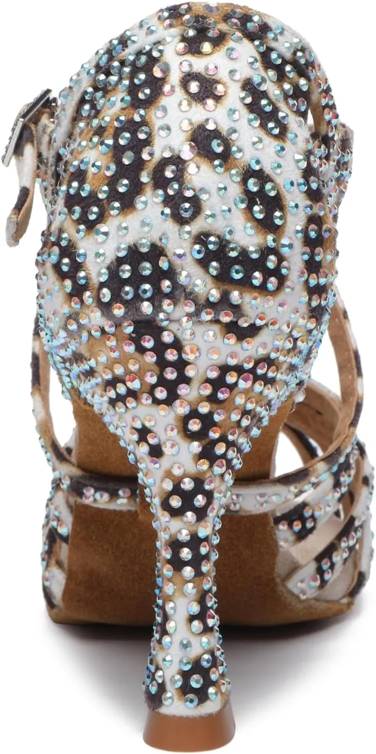 Womens Low High Heel Dance Shoes with Rhinestones Comfortable Wedding Evening Sandals