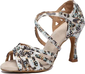 Womens Low High Heel Dance Shoes with Rhinestones Comfortable Wedding Evening Sandals