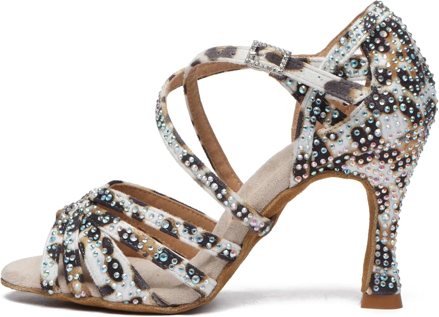 Womens Low High Heel Dance Shoes with Rhinestones Comfortable Wedding Evening Sandals