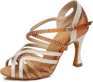 Womens Low High Heel Dance Shoes with Rhinestones Comfortable Wedding Evening Sandals