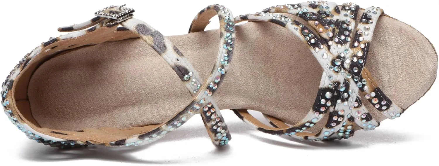 Womens Low High Heel Dance Shoes with Rhinestones Comfortable Wedding Evening Sandals