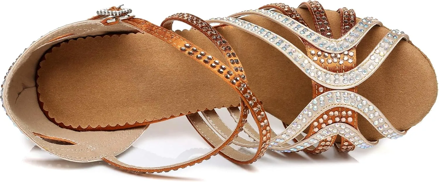 Womens Low High Heel Dance Shoes with Rhinestones Comfortable Wedding Evening Sandals