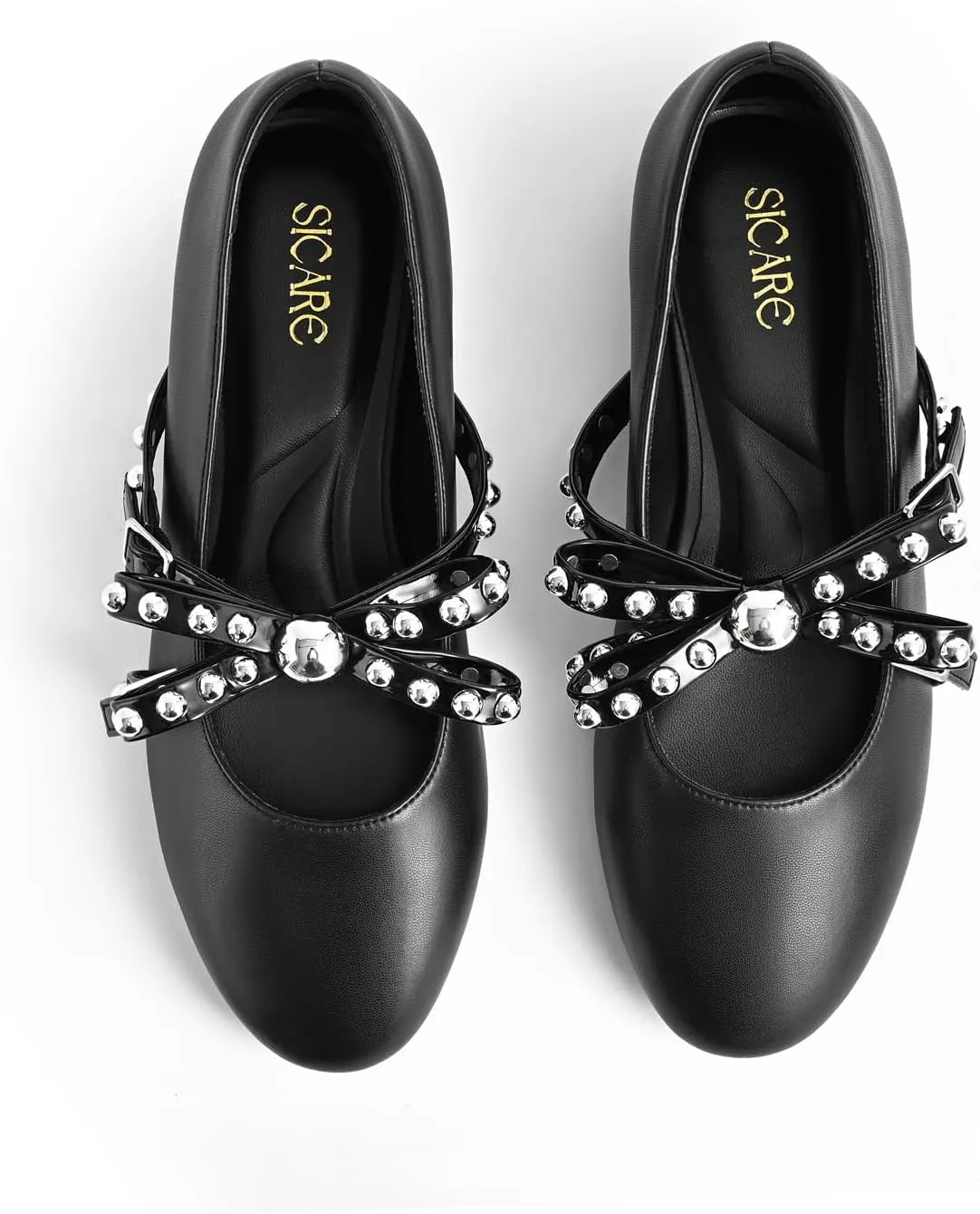 Women's Mary Jane Flats Round Toe Ballet Flats Shoes Pearl Embellished Bow Loafer Flats Slip On Comfortable Stud Strap Soft Dressy Flats Shoes