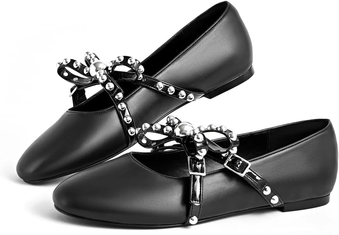 Women's Mary Jane Flats Round Toe Ballet Flats Shoes Pearl Embellished Bow Loafer Flats Slip On Comfortable Stud Strap Soft Dressy Flats Shoes