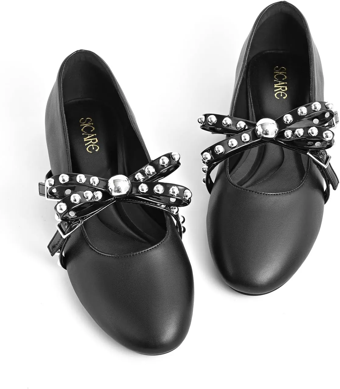 Women's Mary Jane Flats Round Toe Ballet Flats Shoes Pearl Embellished Bow Loafer Flats Slip On Comfortable Stud Strap Soft Dressy Flats Shoes