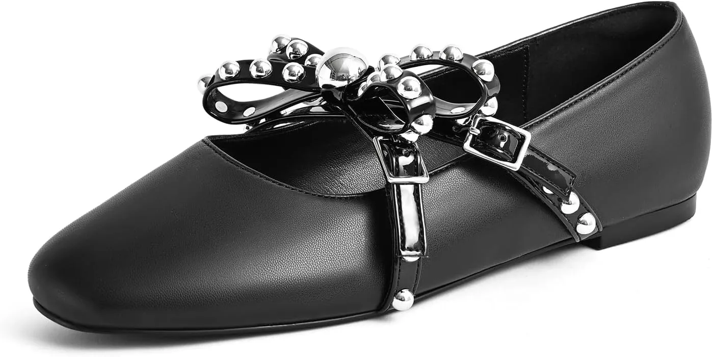Women's Mary Jane Flats Round Toe Ballet Flats Shoes Pearl Embellished Bow Loafer Flats Slip On Comfortable Stud Strap Soft Dressy Flats Shoes