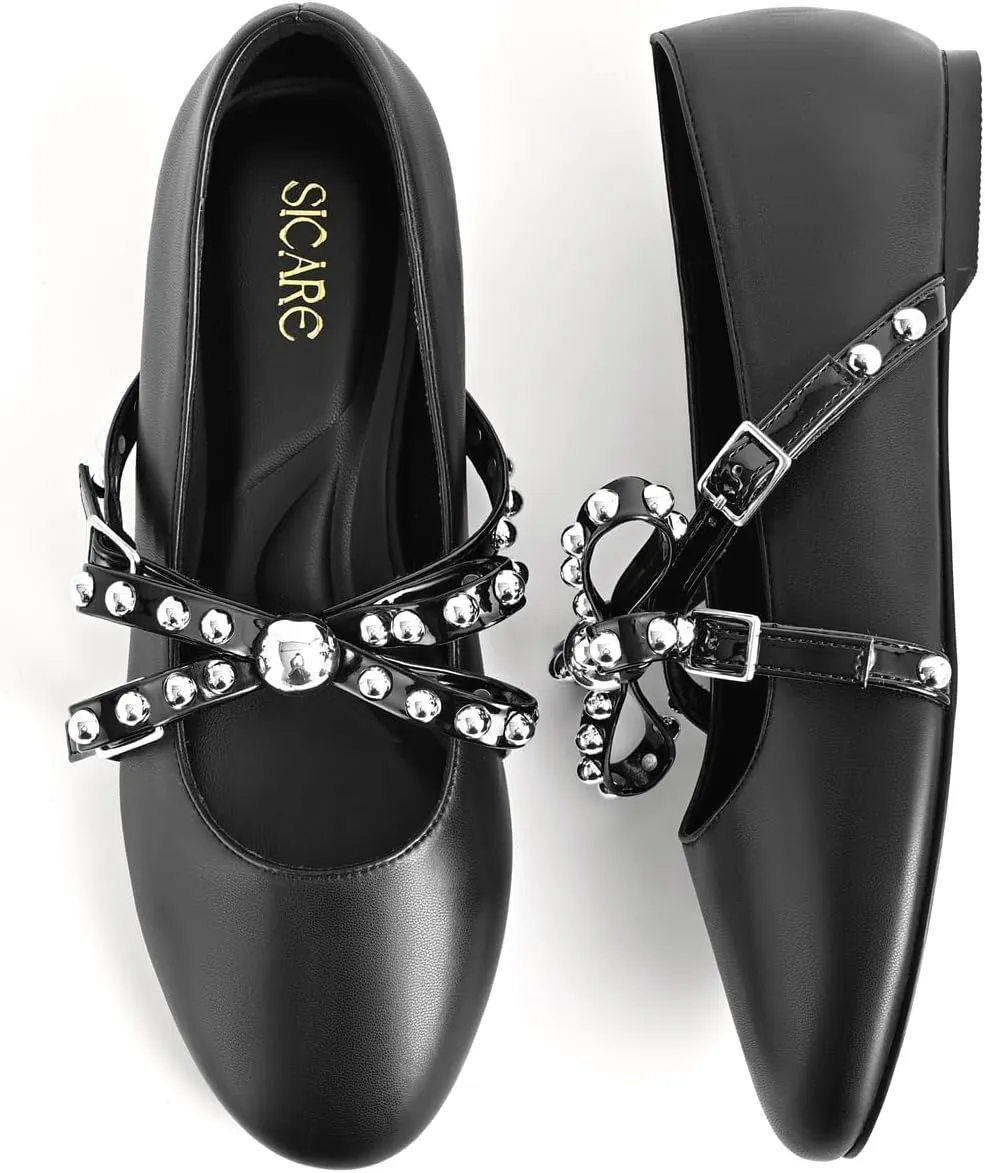 Women's Mary Jane Flats Round Toe Ballet Flats Shoes Pearl Embellished Bow Loafer Flats Slip On Comfortable Stud Strap Soft Dressy Flats Shoes