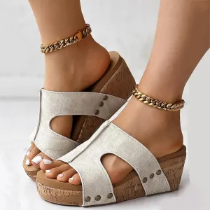 Women's Platform Wedge Sandals Open Toe Slip On Slides Cork Heeled Cutout Comfortable Slide Sandals Casual Dressy Summer Shoes