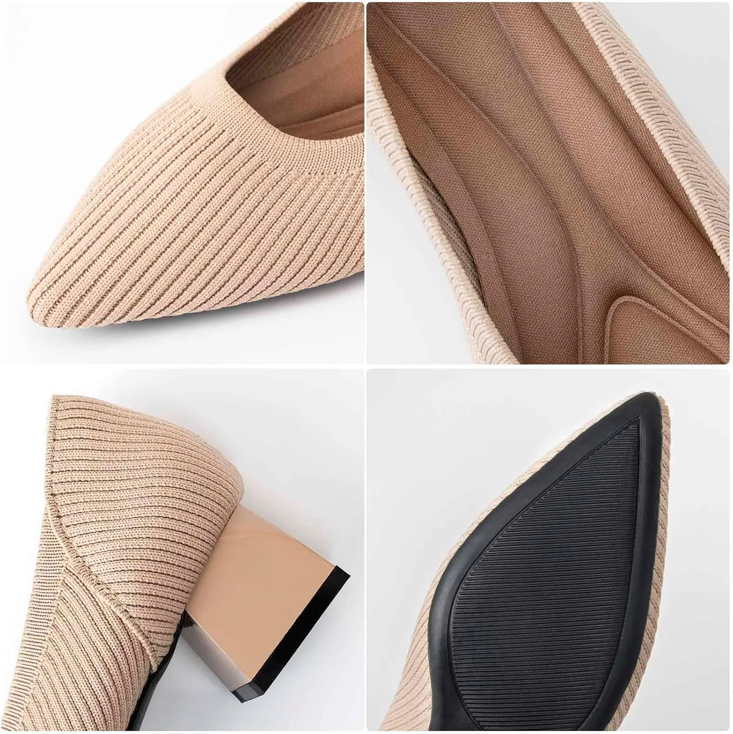 Women's Pointed Closed Toe Low Heel Knit Pumps Chunky Block Heels for Women Comfy Soft Lady Daily Work Office Casual Slip On Breathable Knit Shoes 1.57 Inch