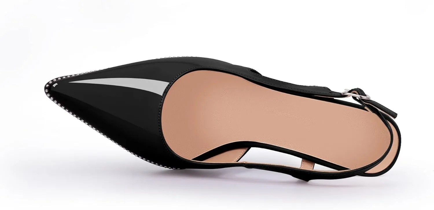 Women's Pointed Toe Block Heel Slingback Pumps Beaded Patent Leather Buckle Strap Slip On Work Party Dress Shoes