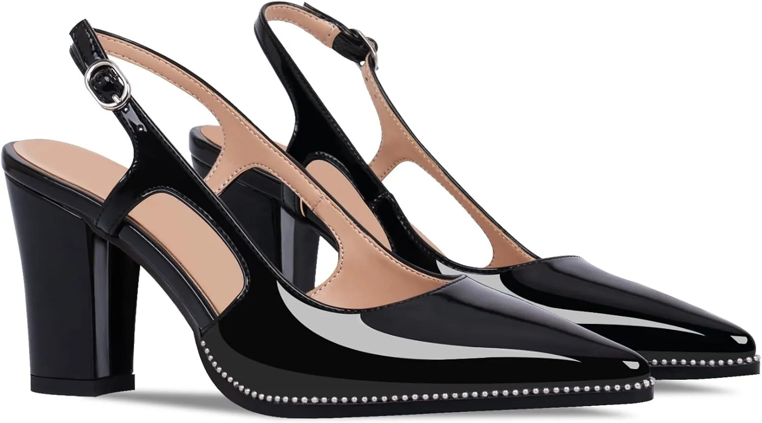 Women's Pointed Toe Block Heel Slingback Pumps Beaded Patent Leather Buckle Strap Slip On Work Party Dress Shoes