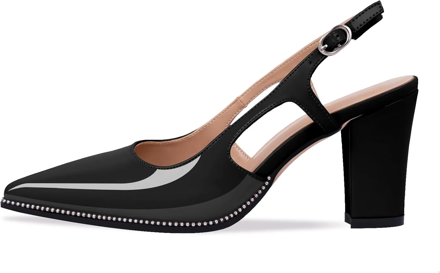 Women's Pointed Toe Block Heel Slingback Pumps Beaded Patent Leather Buckle Strap Slip On Work Party Dress Shoes