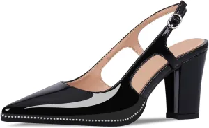 Women's Pointed Toe Block Heel Slingback Pumps Beaded Patent Leather Buckle Strap Slip On Work Party Dress Shoes