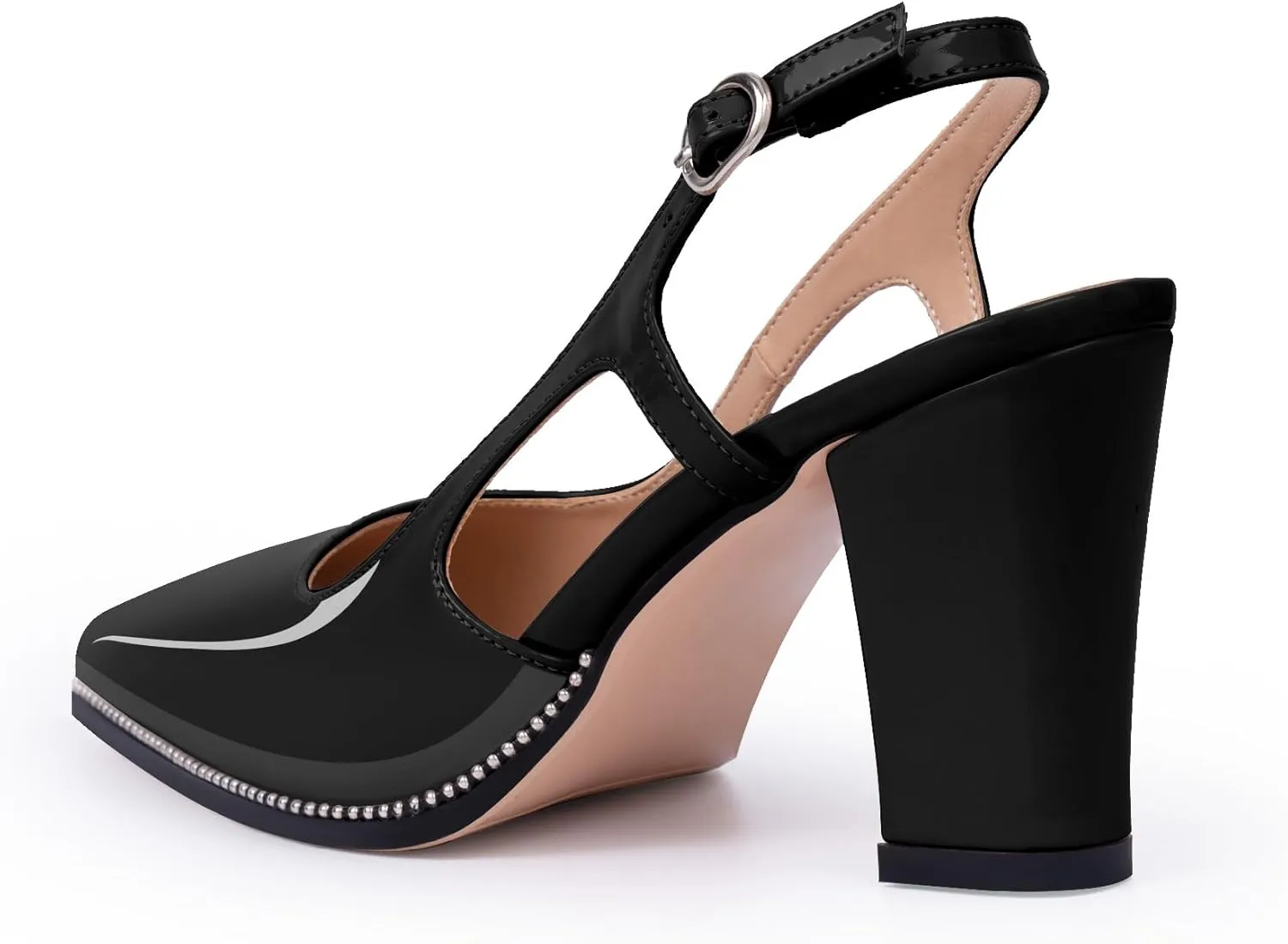 Women's Pointed Toe Block Heel Slingback Pumps Beaded Patent Leather Buckle Strap Slip On Work Party Dress Shoes
