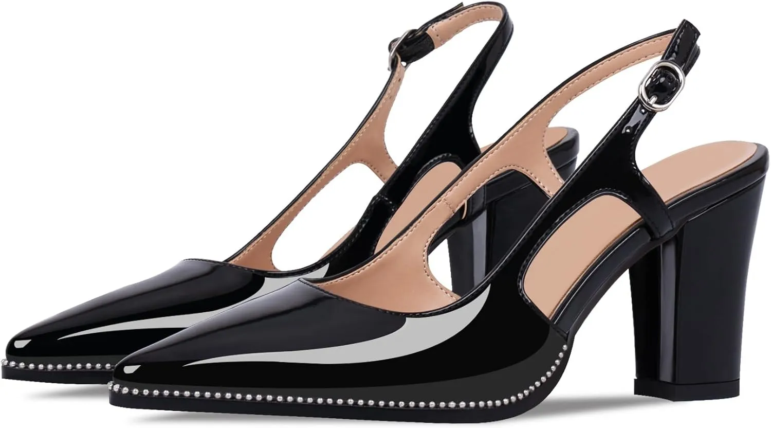 Women's Pointed Toe Block Heel Slingback Pumps Beaded Patent Leather Buckle Strap Slip On Work Party Dress Shoes
