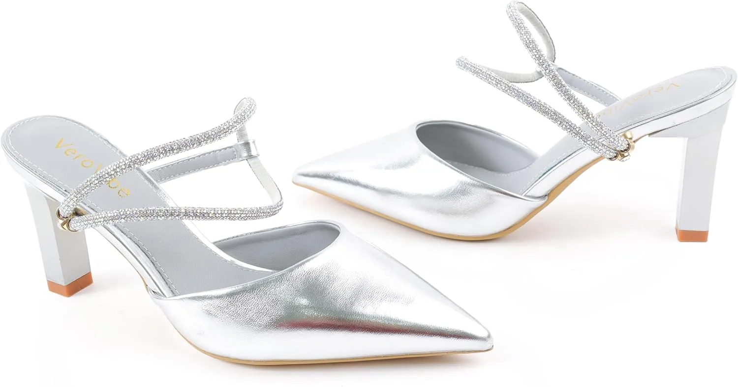 Women's Pointed Toe Block Heels with Rhinestone Straps, Slip-On Dress Shoes
