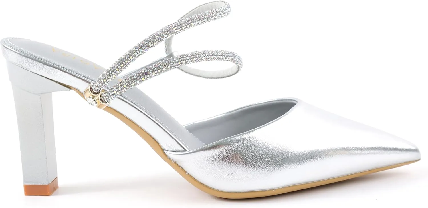 Women's Pointed Toe Block Heels with Rhinestone Straps, Slip-On Dress Shoes