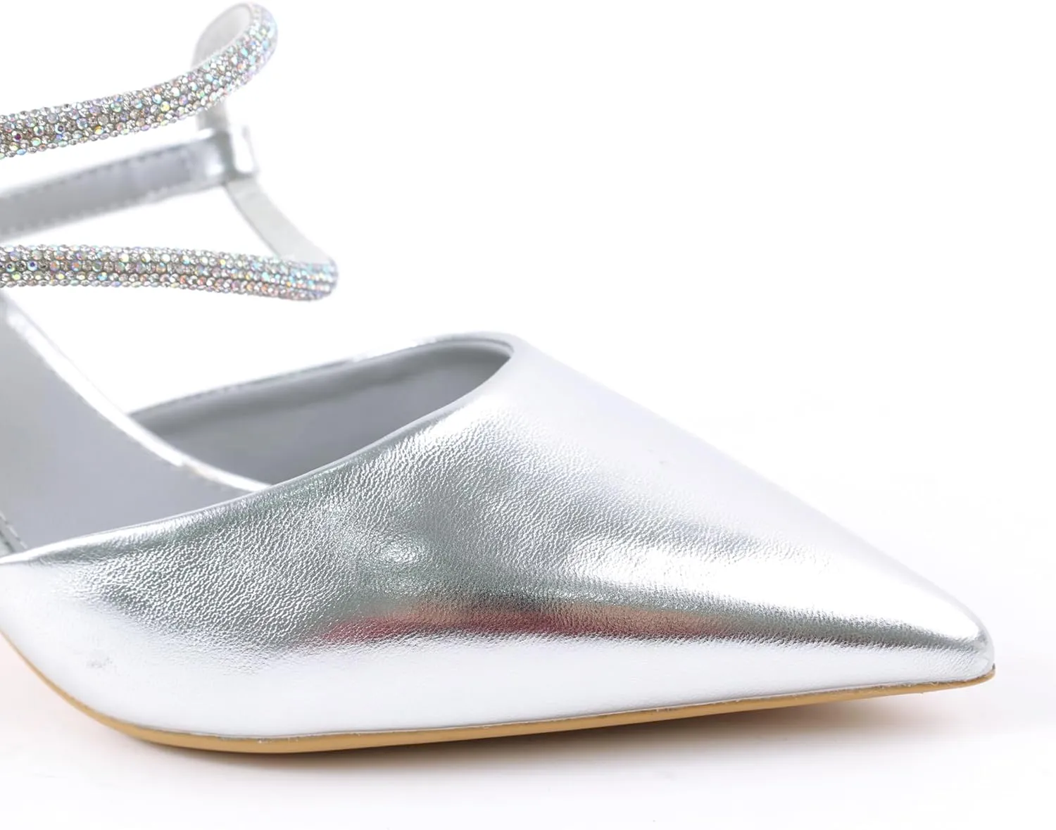 Women's Pointed Toe Block Heels with Rhinestone Straps, Slip-On Dress Shoes