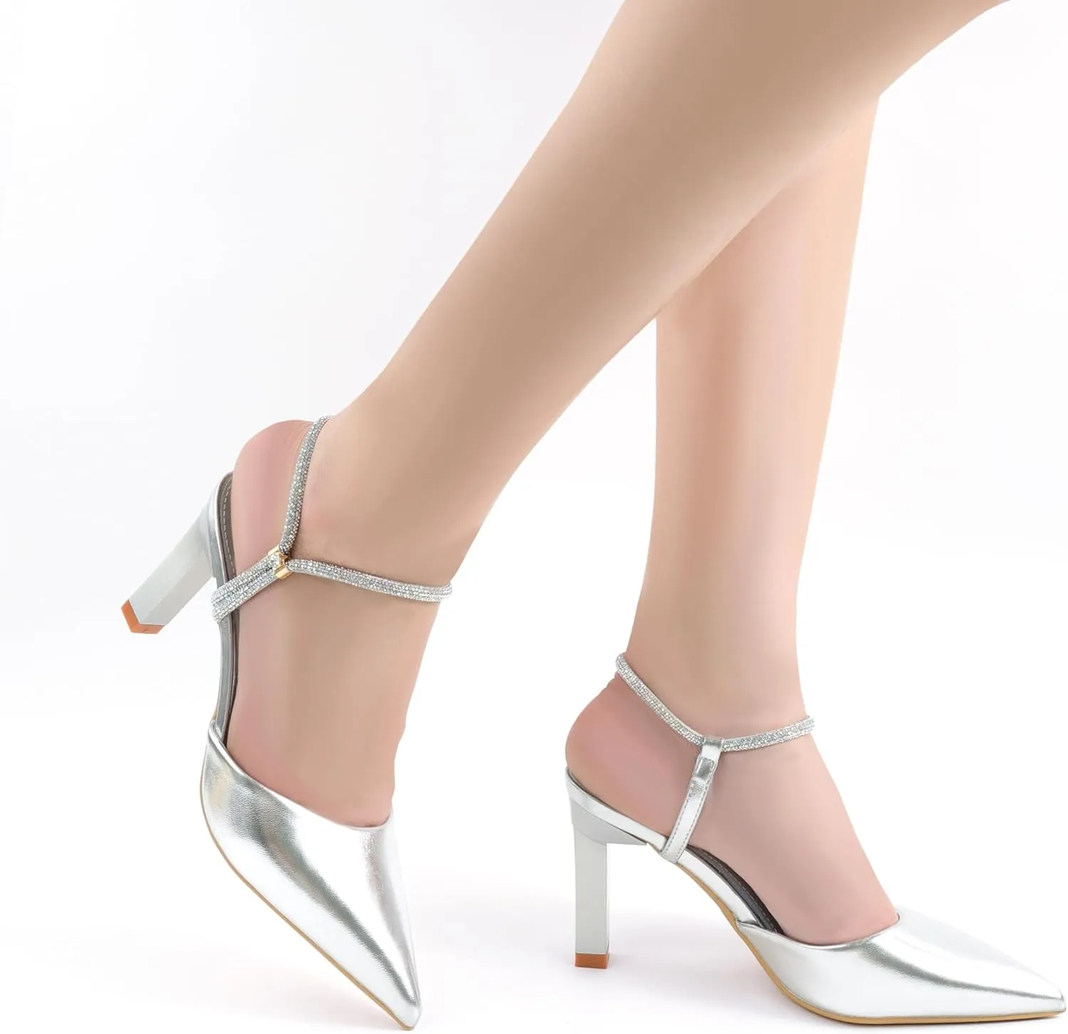 Women's Pointed Toe Block Heels with Rhinestone Straps, Slip-On Dress Shoes