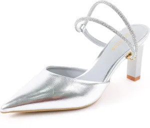 Women's Pointed Toe Block Heels with Rhinestone Straps, Slip-On Dress Shoes
