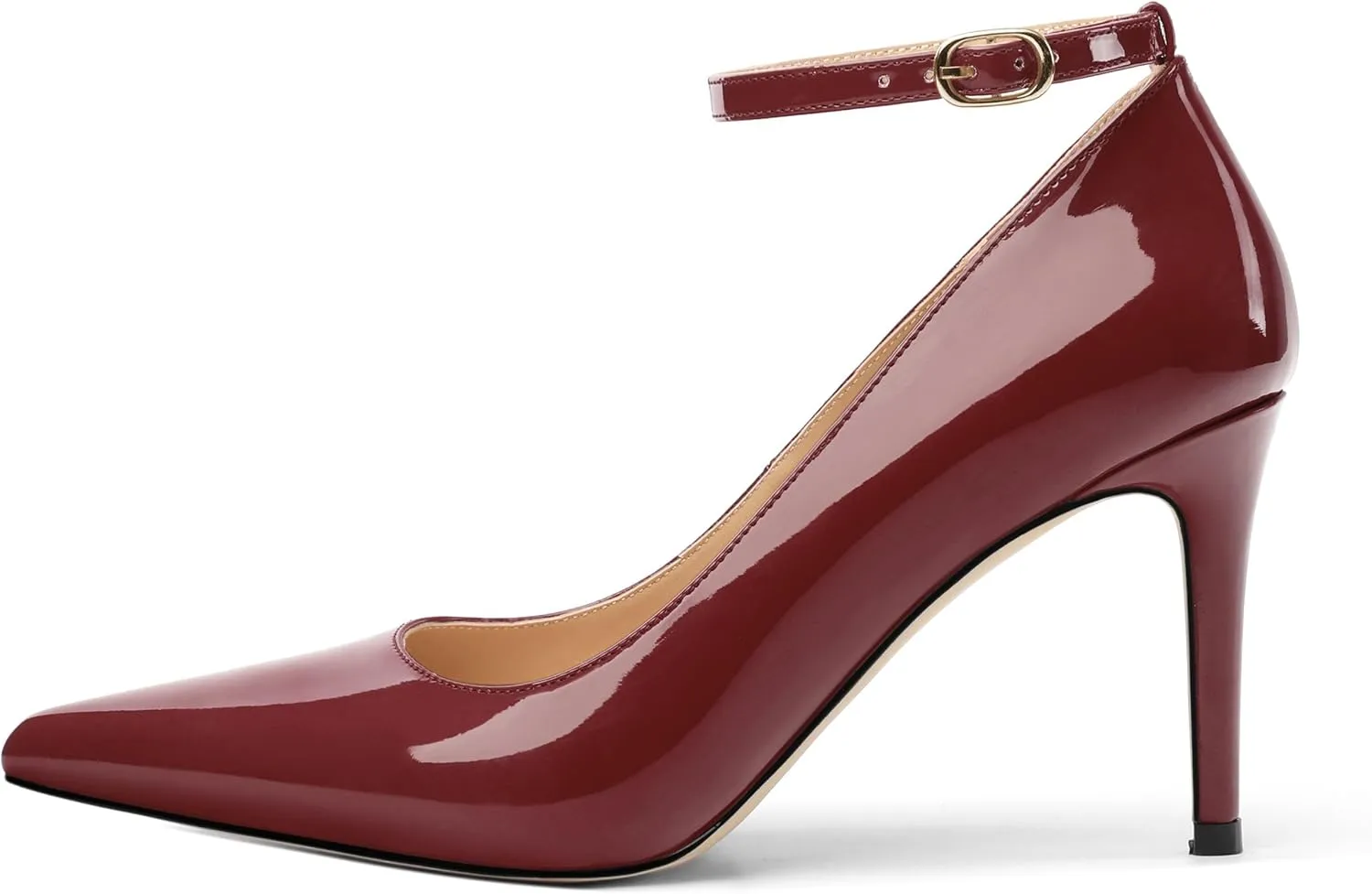 Women's Pumps Pointed Toe Ankle Strap Slip On Patent Leather Stiletto High Heels Office Wedding Dress Shoes 3.35 Inch