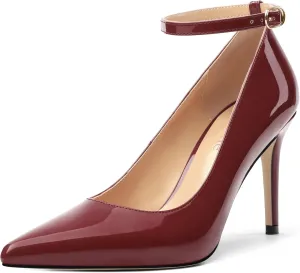 Women's Pumps Pointed Toe Ankle Strap Slip On Patent Leather Stiletto High Heels Office Wedding Dress Shoes 3.35 Inch