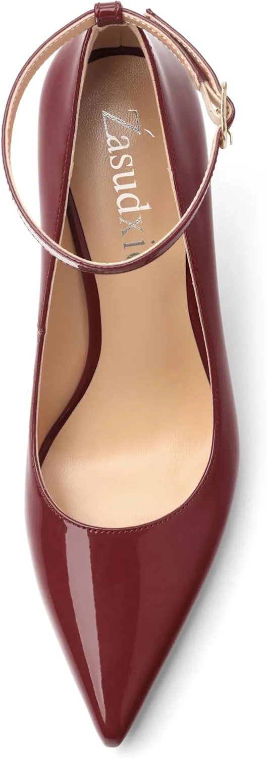 Women's Pumps Pointed Toe Ankle Strap Slip On Patent Leather Stiletto High Heels Office Wedding Dress Shoes 3.35 Inch