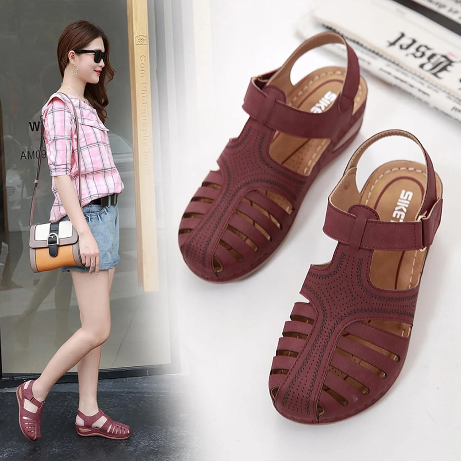 Women's Retro Gladiator Wedge Sandals - Closed Round Toe Hollow Platform Sandals with Ankle Strap Anti-Slip Sole | Comfortable Bohemian Style for Casual Outdoor Wear
