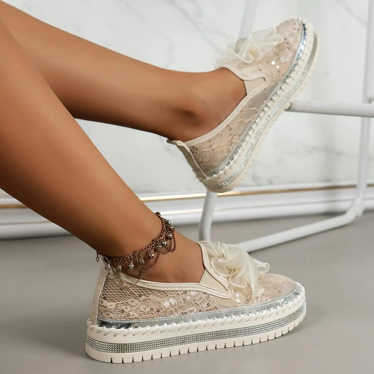 Women's Rhinestone Sequin Loafers Breathable Mesh Shoes Bow Thick Sole Single Shoes Dressy Slip On Shoes Men Athletic