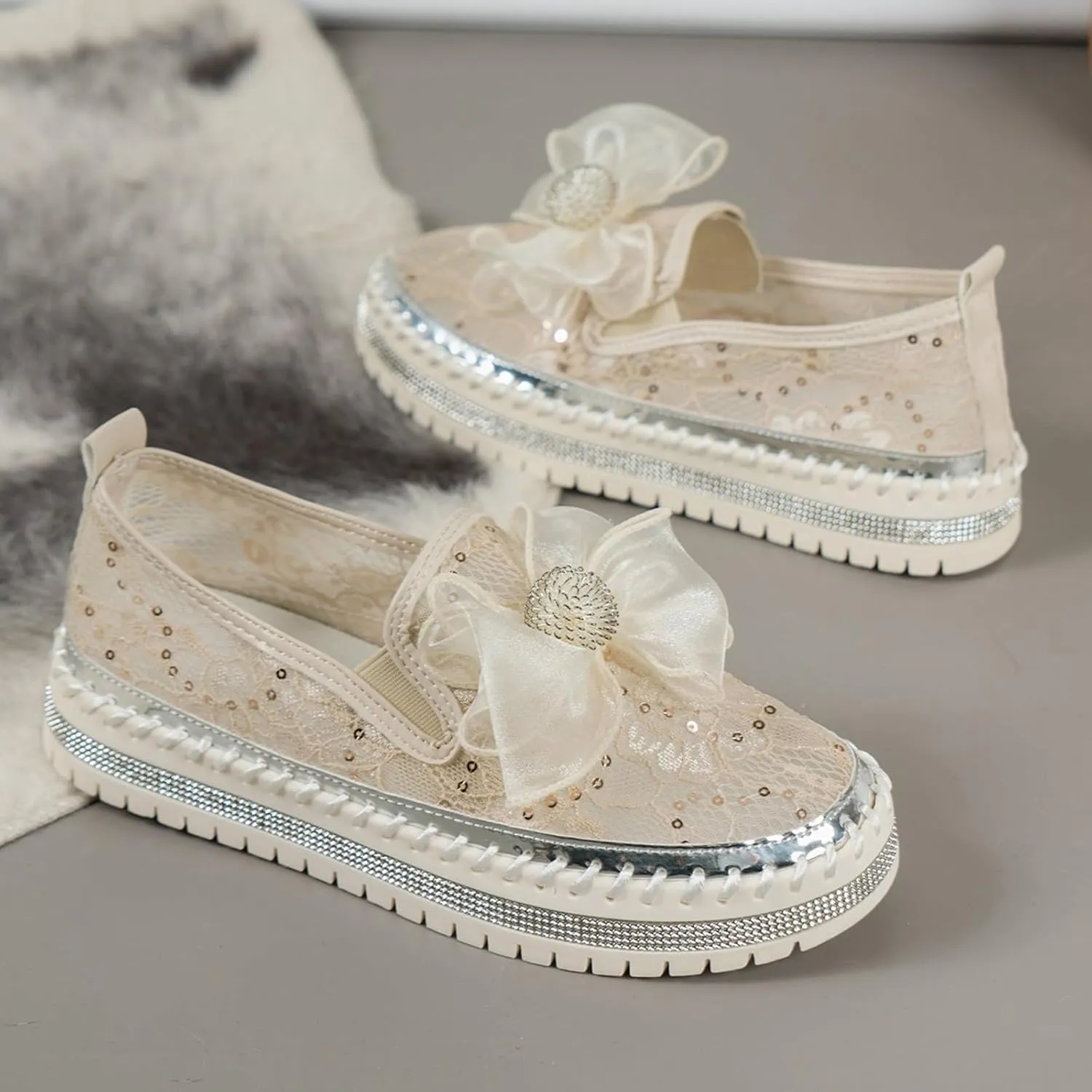 Women's Rhinestone Sequin Loafers Breathable Mesh Shoes Bow Thick Sole Single Shoes Dressy Slip On Shoes Men Athletic