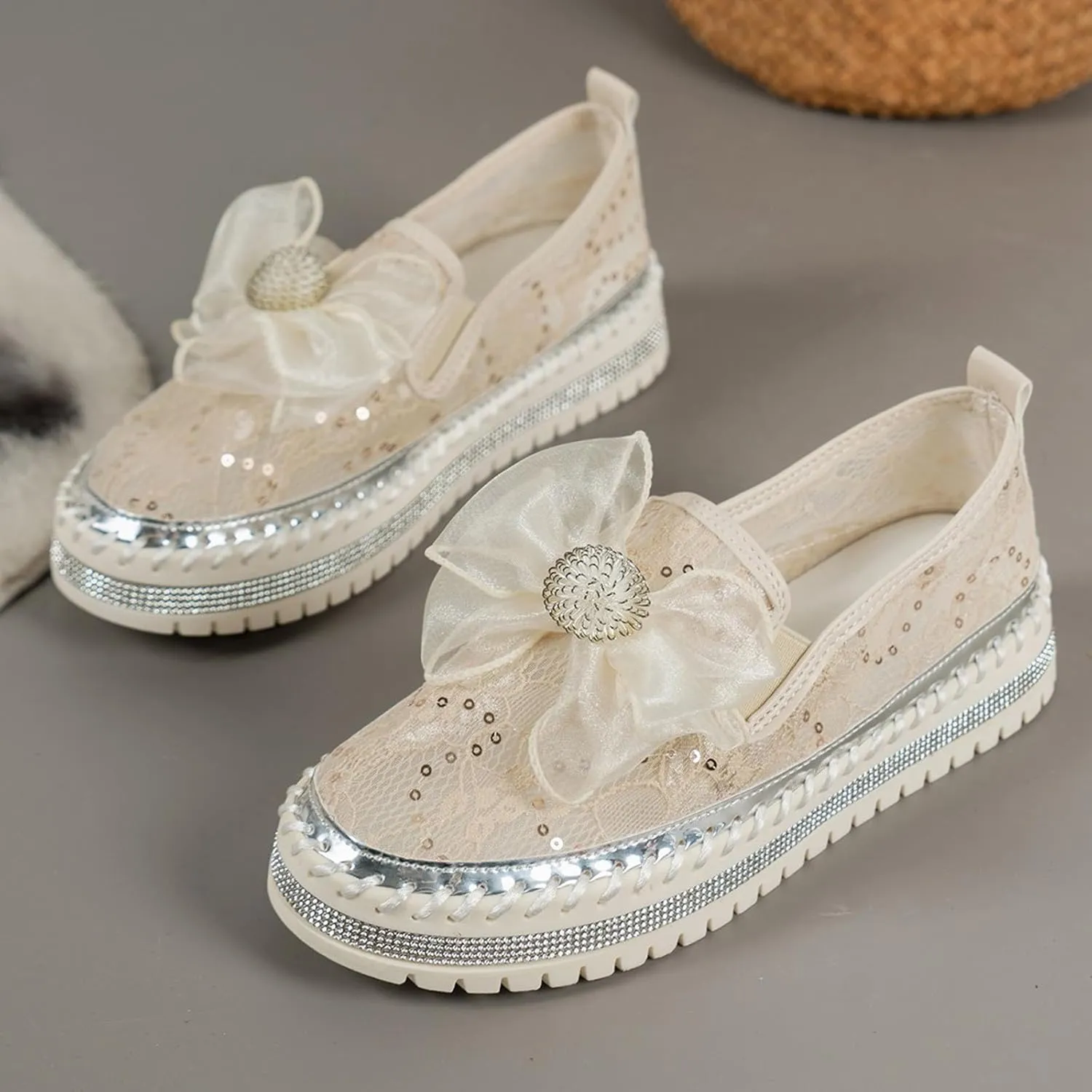 Women's Rhinestone Sequin Loafers Breathable Mesh Shoes Bow Thick Sole Single Shoes Dressy Slip On Shoes Men Athletic
