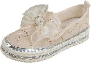 Women's Rhinestone Sequin Loafers Breathable Mesh Shoes Bow Thick Sole Single Shoes Dressy Slip On Shoes Men Athletic