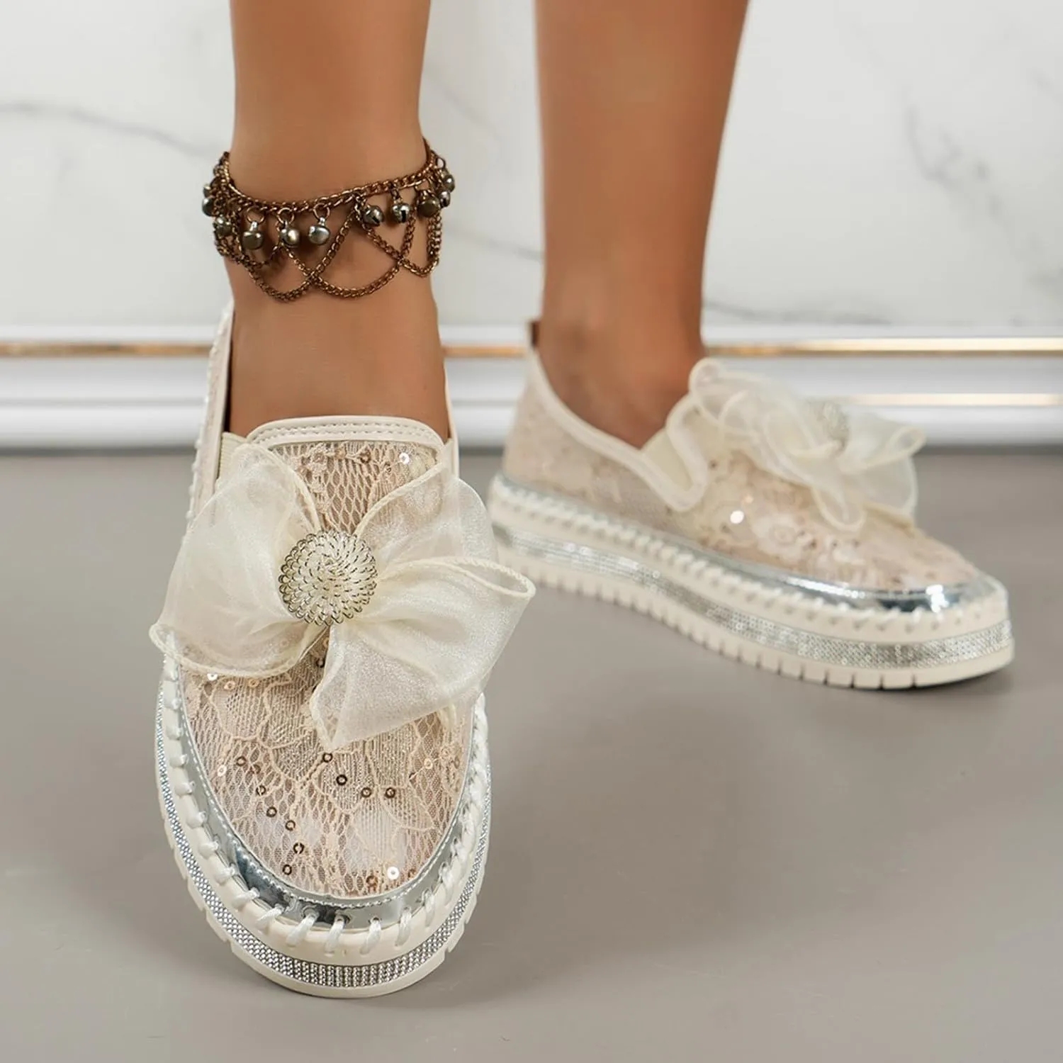 Women's Rhinestone Sequin Loafers Breathable Mesh Shoes Bow Thick Sole Single Shoes Dressy Slip On Shoes Men Athletic