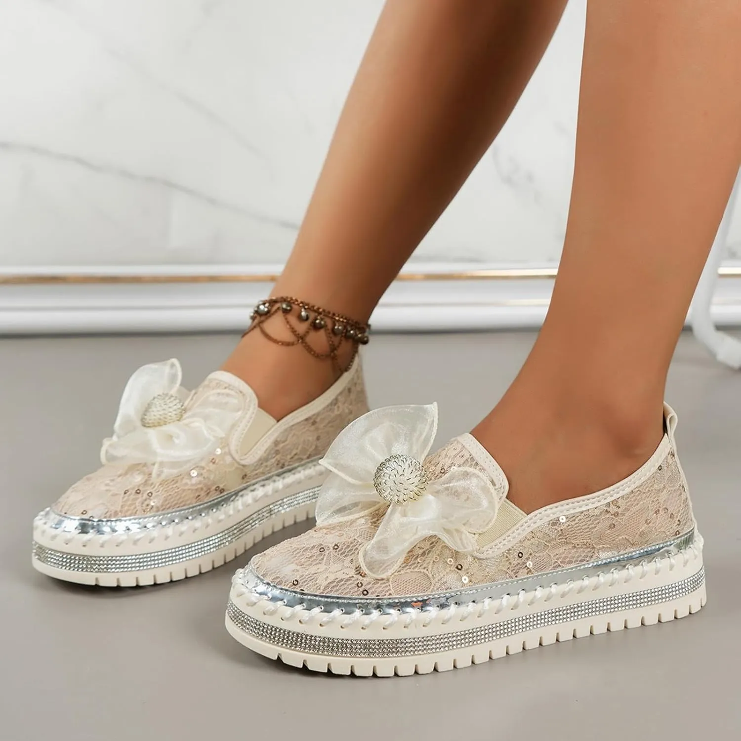 Women's Rhinestone Sequin Loafers Breathable Mesh Shoes Bow Thick Sole Single Shoes Dressy Slip On Shoes Men Athletic