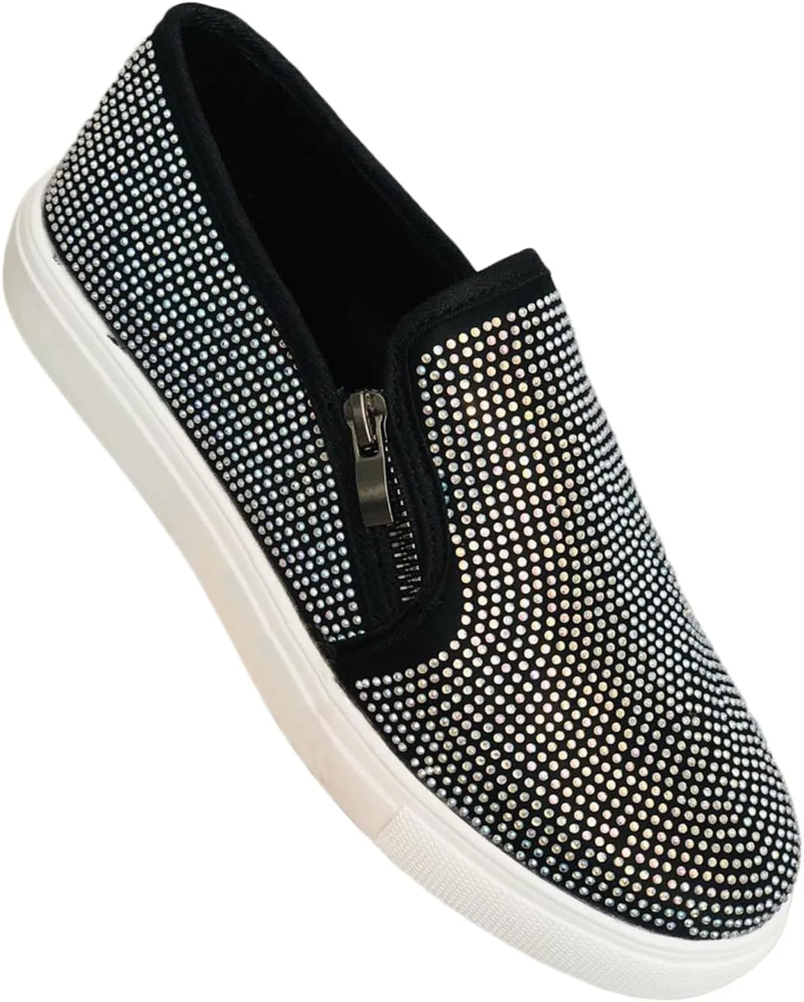 Women's Rhinestone Sparkly Zipper Slip-on Sneaker Casual Flat Loafers