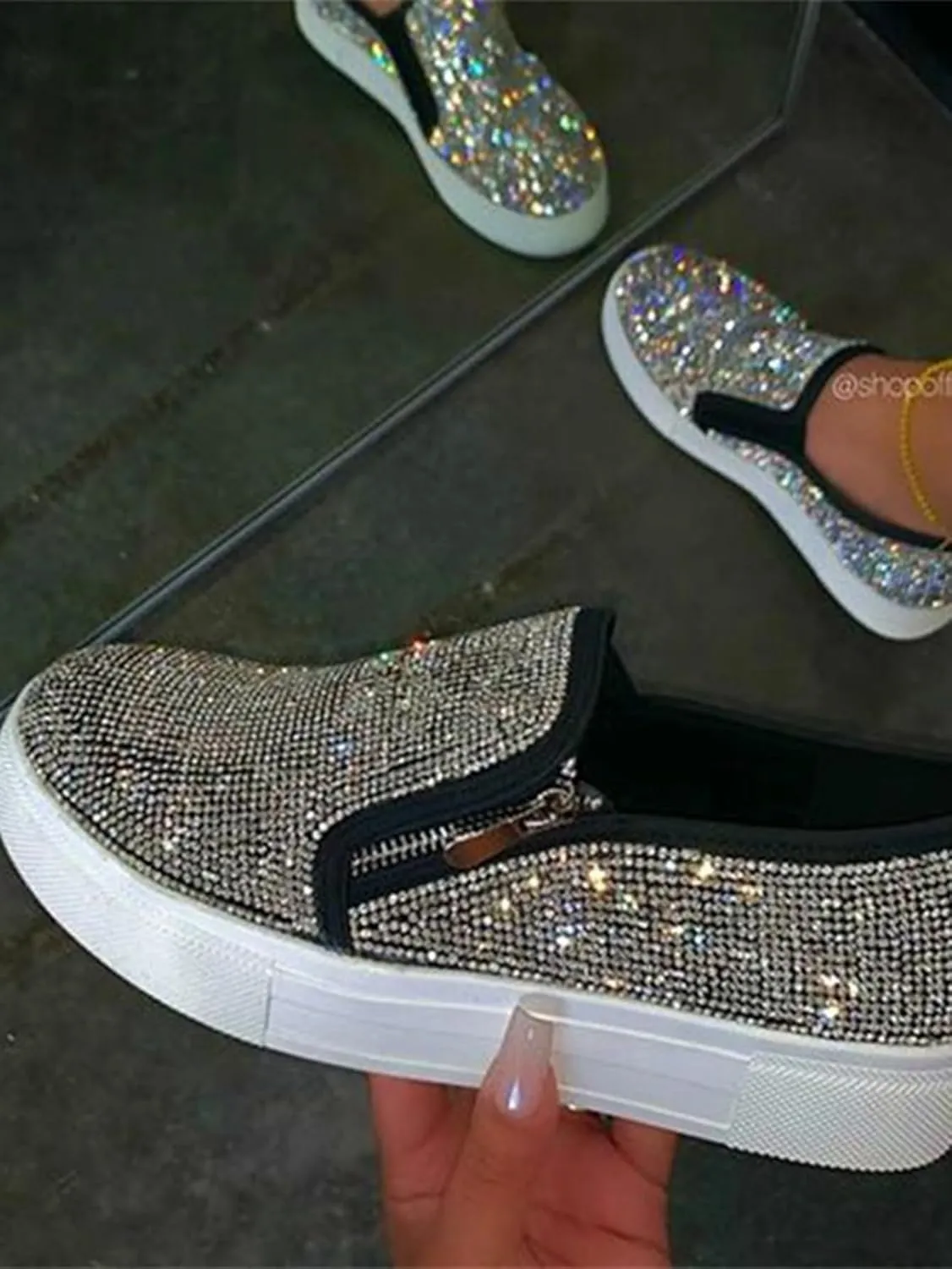 Women's Rhinestone Sparkly Zipper Slip-on Sneaker Casual Flat Loafers
